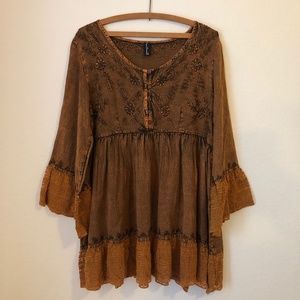 Sacred Threads OS Tunic Top Embroidered Lace Bell Sleeves